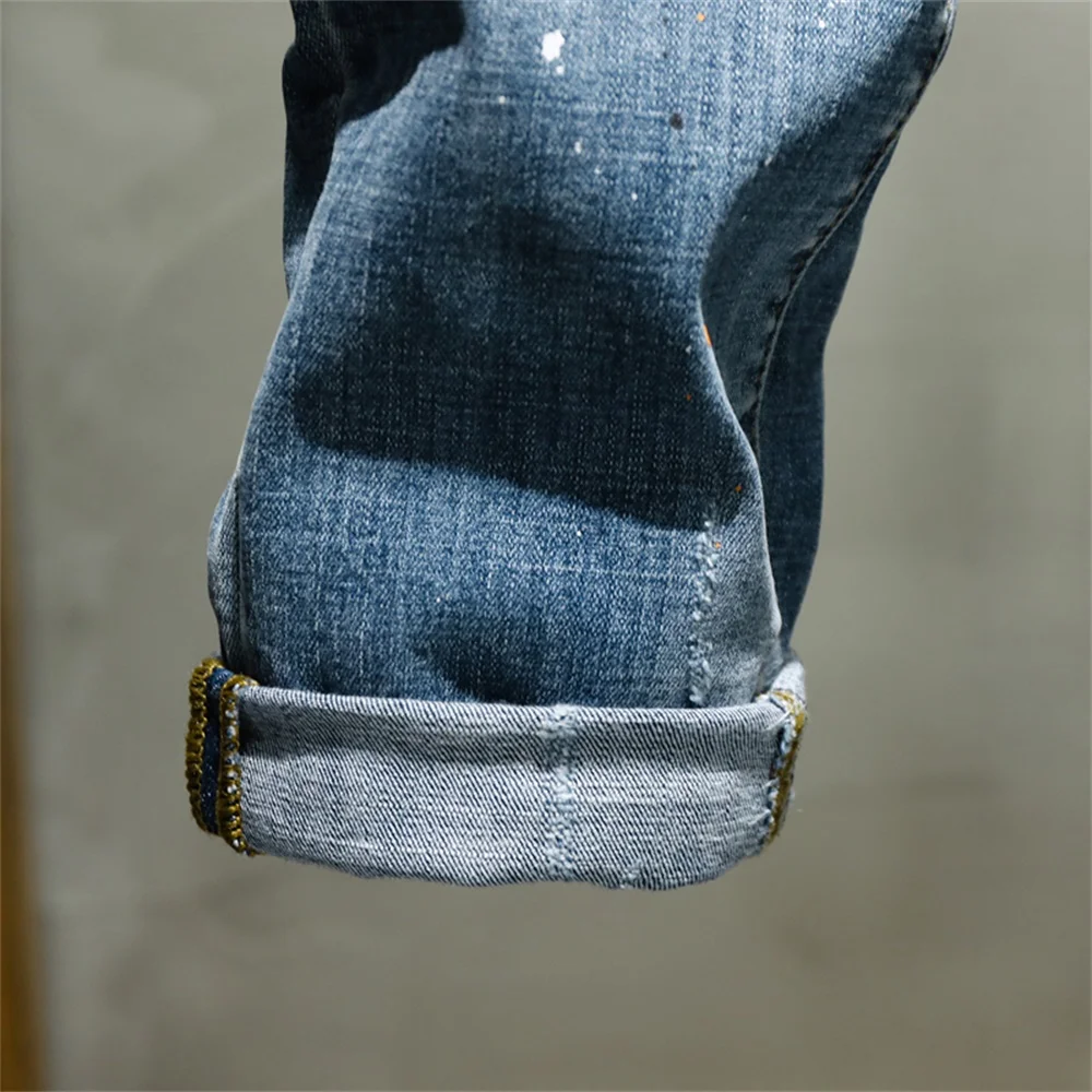 EH · MD® Hole-lined Printed Letter Jeans Men's Splash Ink Paint Dots Soft Casual Loose Cotton Elastic Trousers Mustache Red Ears