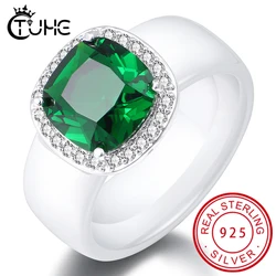 S925 Large Green Stone Ring For Women Wedding Gift Luxury Jewelry 8mm Width Ceramic Rings Cubic Zirconia Ring Bague Femme