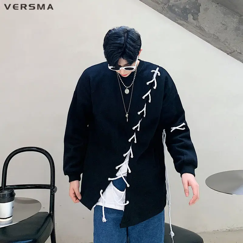 

VERSMA Koean Harajuku Vintage Plain Ribbon Patchwork Hoodies Men Hip Hop Streetwear Oversized Unisex Sweatshirt Men Dropshipping
