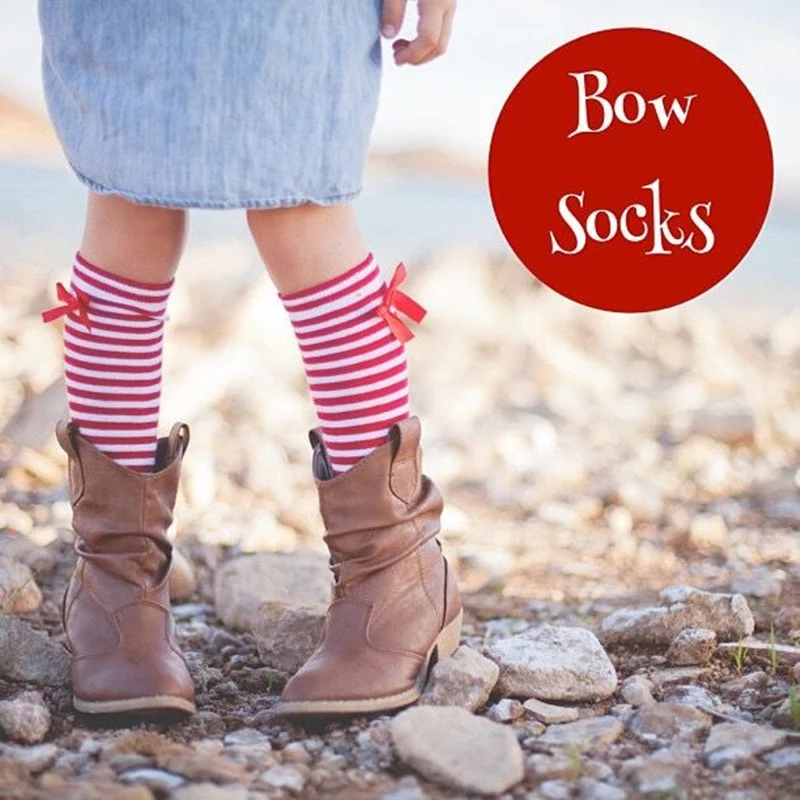 Girls Knee High Socks with Bow Kids Boot Socks Stripe Cute Princess Long Socks for School Baby Solid Color Leg Warmer Brand