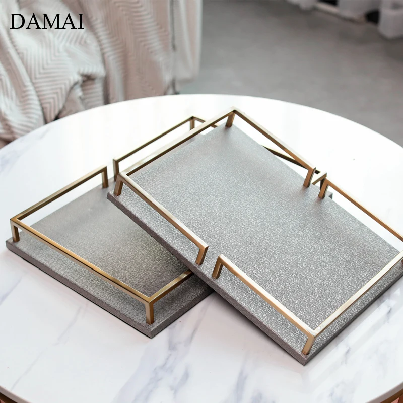 

European Modern Leather Trays Decorative Gold Inlay Dressing Table Jewelry Cosmetic Display Tray Bathroom Decoration Accessories