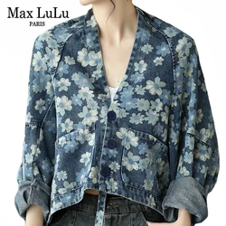 Max LuLu New Design 2021 Streetwear Women Flowers Printed Denim Jackets Ladies Batwing Sleeve Short Coats Girls Vintage Clothing