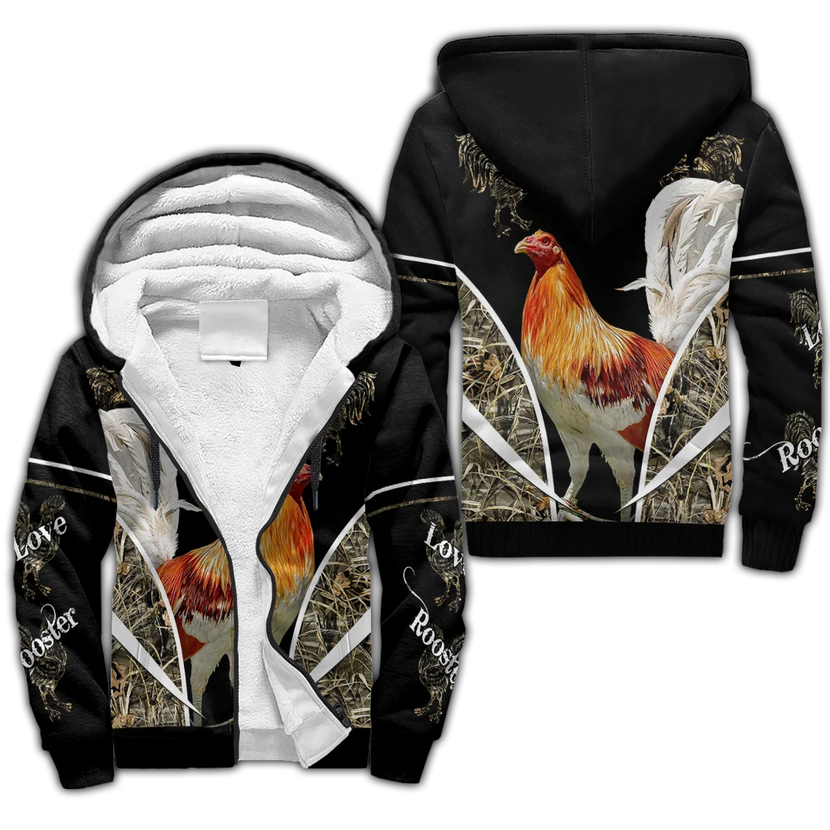 Love Rooster Tattoo 3D All Over Printed Winter Thicker Zip Hoodie Unisex Casual Hooded Coat Tracksuit Warm Fleece Jacket KD01