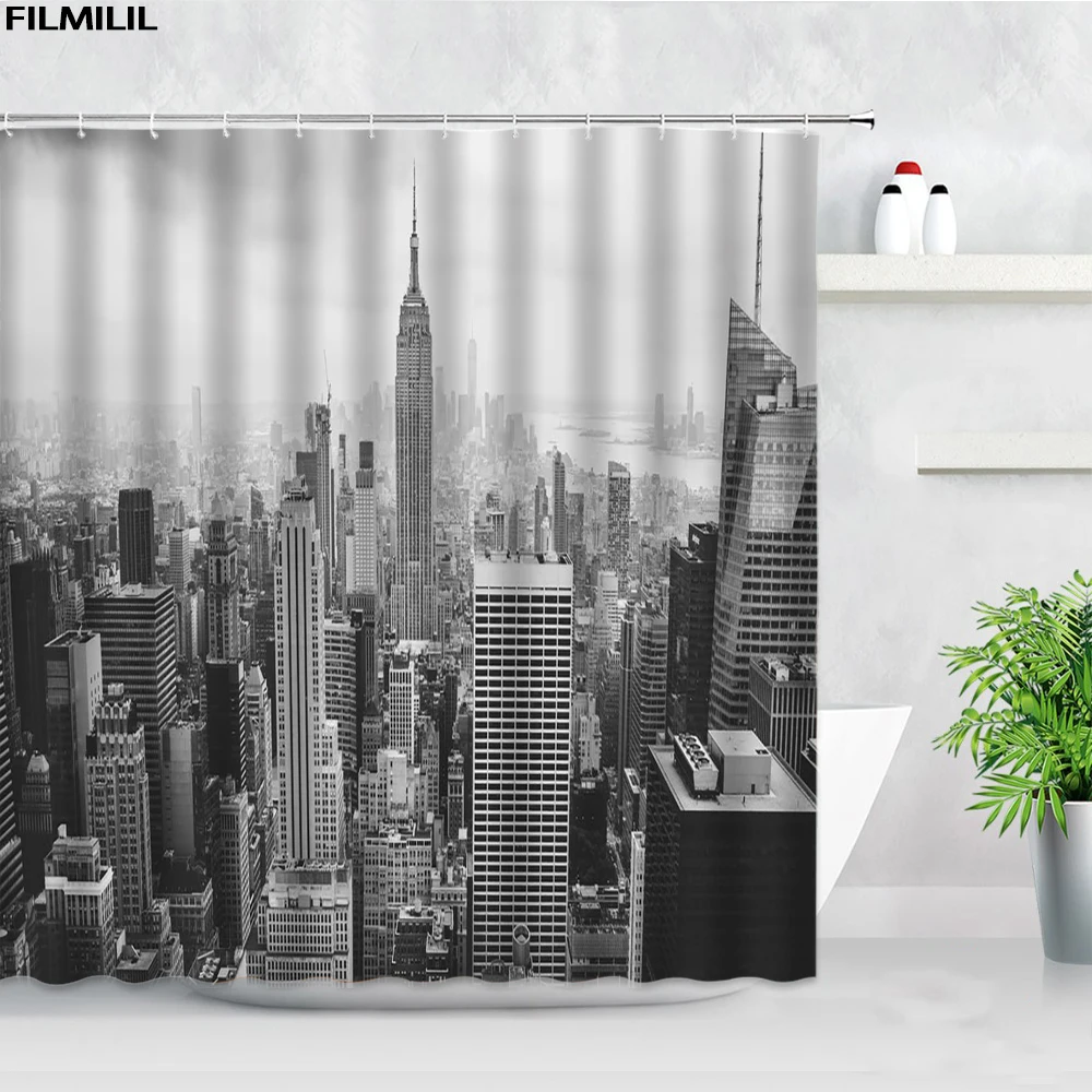 Black White New York City Scenery Shower Curtains Set 3D Building Home Wall Backdrop Decor Nordic Polyester Bathroom Bath Screen