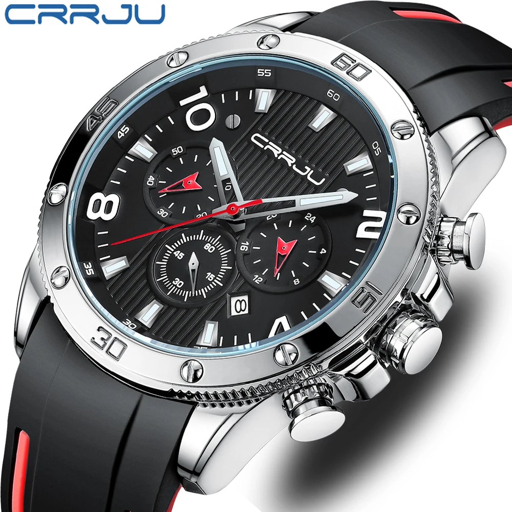 CRRJU Fashion Men's Watches Top Brand Luxury Quartz Waterproof Sports Clock Wristwatch Relogio Masculino Red Silicone Strap