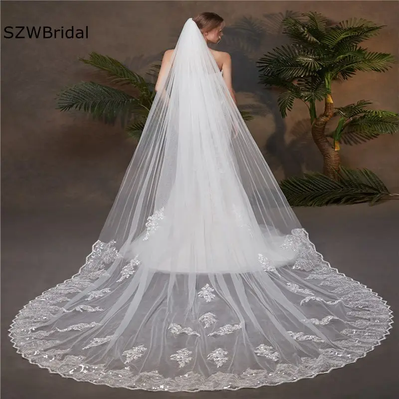 New Arrival White Ivory Long bridal veil 2025 Lace Appliques White Ivory Cheap wedding veils with comb Voile mariee