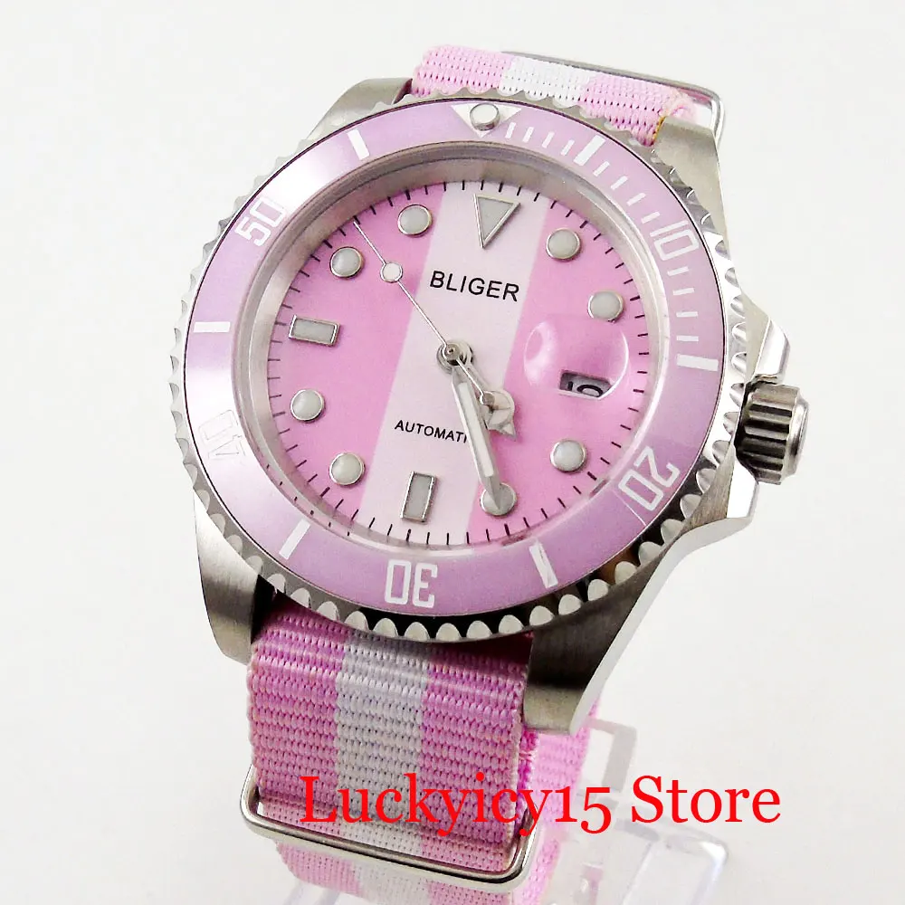 Simple Sport Style 40mm Automatic Men Watch Pink White Color Sapphire Glass Ceramic Bezel MIYOTA Movement Nylon Strap