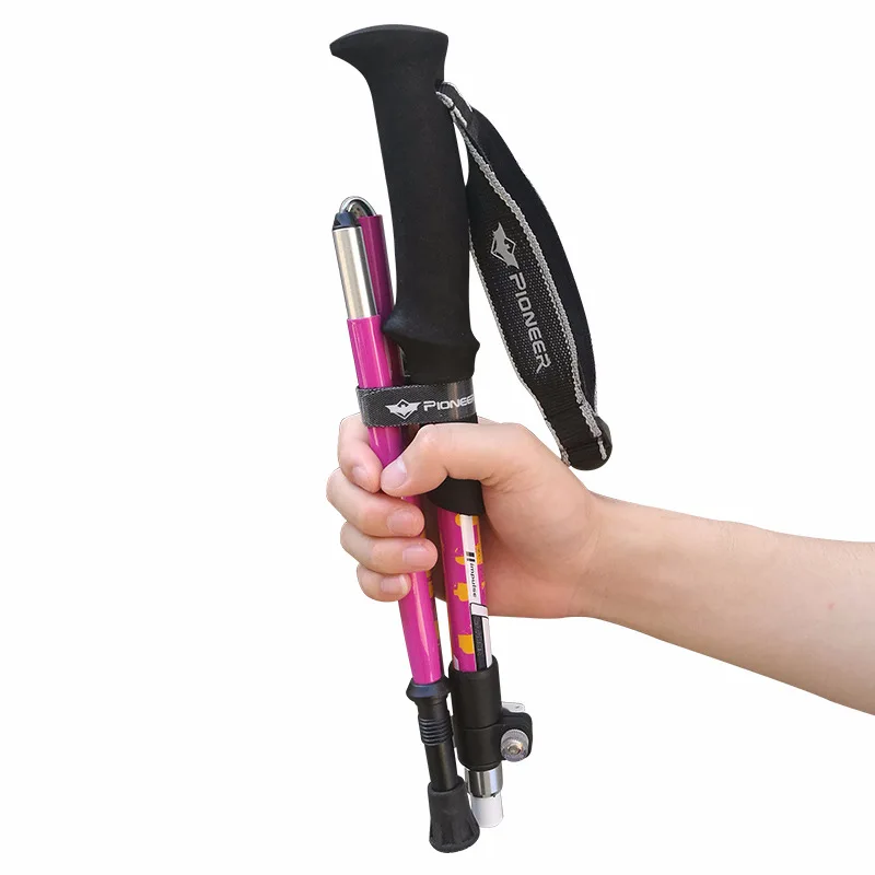 Pioneer Folding Hiking Walking Stick Lightweight Carbon Fibers Aluminum 3+2 Parts External lock Outdoor Mountain-climbing
