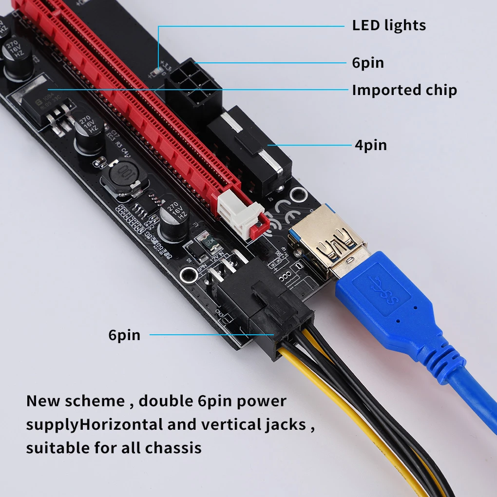 Imagem -02 - Pci-e Riser 009s Express 1x 4x 8x 16x Extensor Pci e Riser Usb 009s Cartão Adaptador Duplo 6pin Sata 15pin para Gpu Pcs