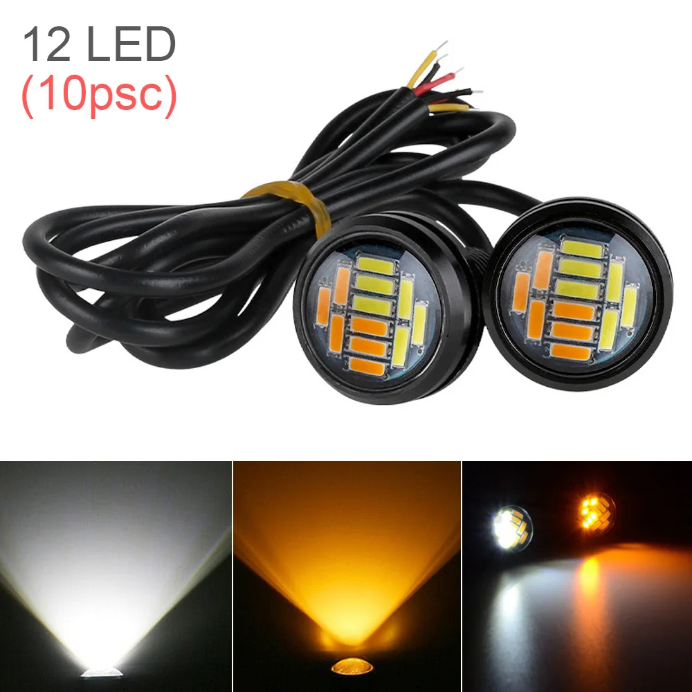 

10pcs Dual Color Eagle Eye Light 23mm 4014 12SMD Daytime Running Spot Signal Lamps White Yellow Backup Parking Bulbs for Car