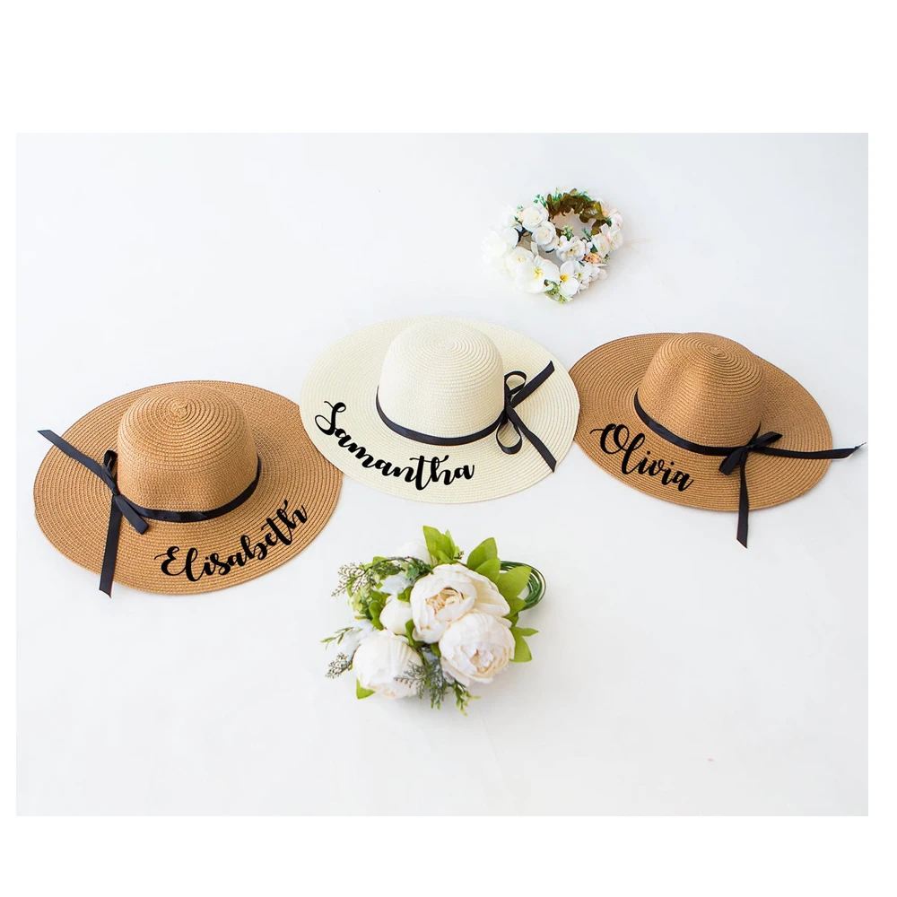 Custom Name Floppy Hats with Black Ribbon Honeymoon Beach Hat Personalized Summer Party Wide Brim Sun Hat Bachelorette Gift