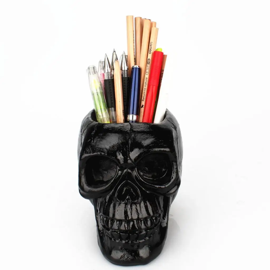 Skull Resin Pen & Pencil Holder, Halloween Decorative Skeleton Head Stationery Storage Desktop Organizer Makeup Brush Holder