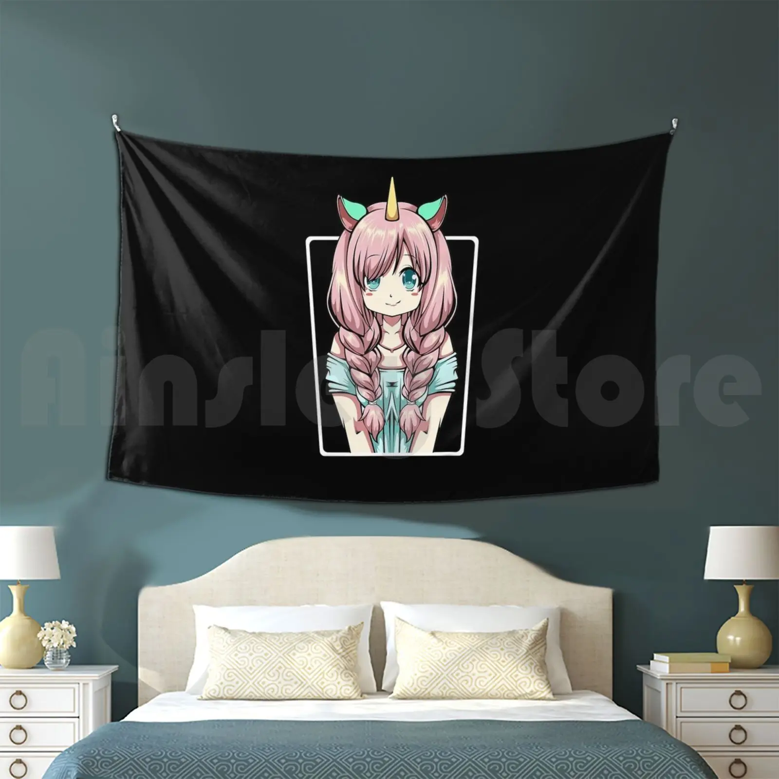 Japanese Anime Girl Unicorn , Pastel Goth Punk Kawaii Customized Tapestry Anime Manga Unicorn Anime Girl