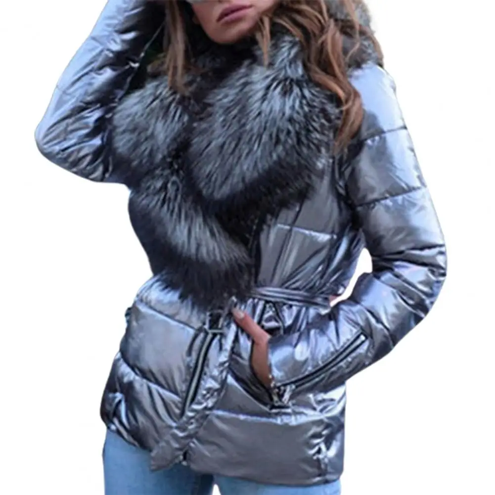 Women's winter jacket Slash Zipper Belt Bright Surface Women Jacket Winter Women Faux Fur Collar Puffer Jacket for Fall Winter