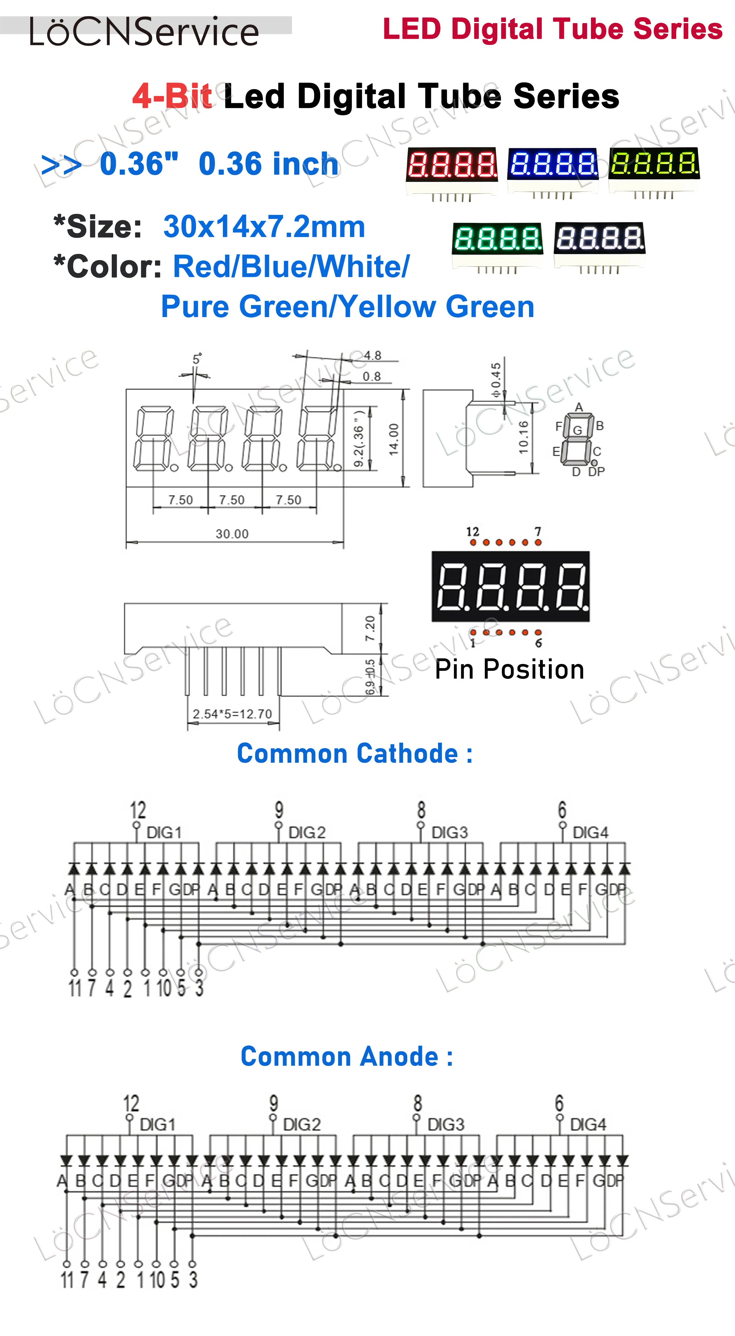 Pantalla LED de 0,36 pulgadas, tubo Digital de 4 bits, rojo, azul, amarillo puro, verde, blanco, ánodo de cátodo común, reloj de alto brillo, 50 piezas LoCN