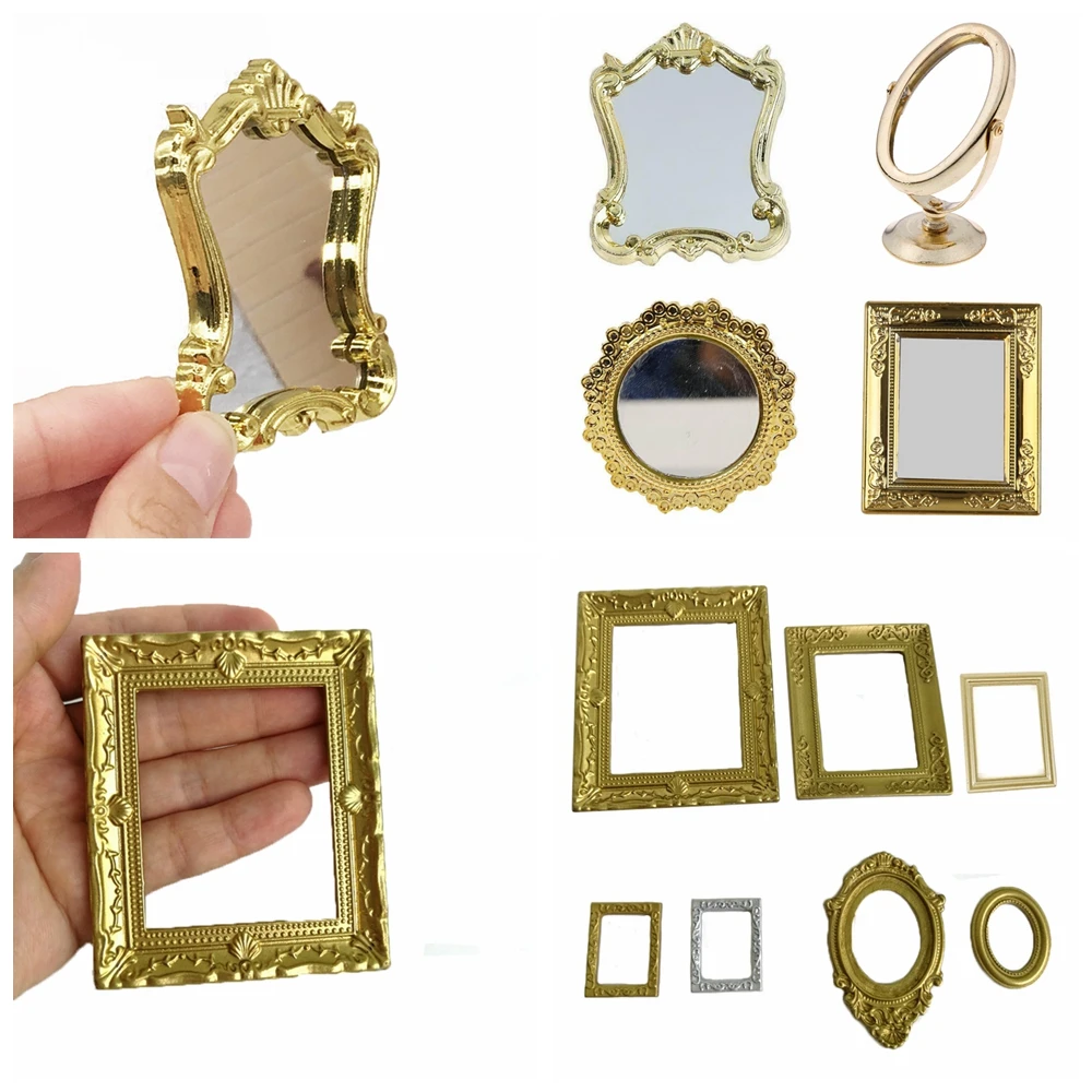 Ramki na zdjęcia w skali 1:12 lustro retro do wystroju domku dla lalek DIY ozdoba w stylu vintage meble akcesoria do domku dla lalek w stylu europejskim