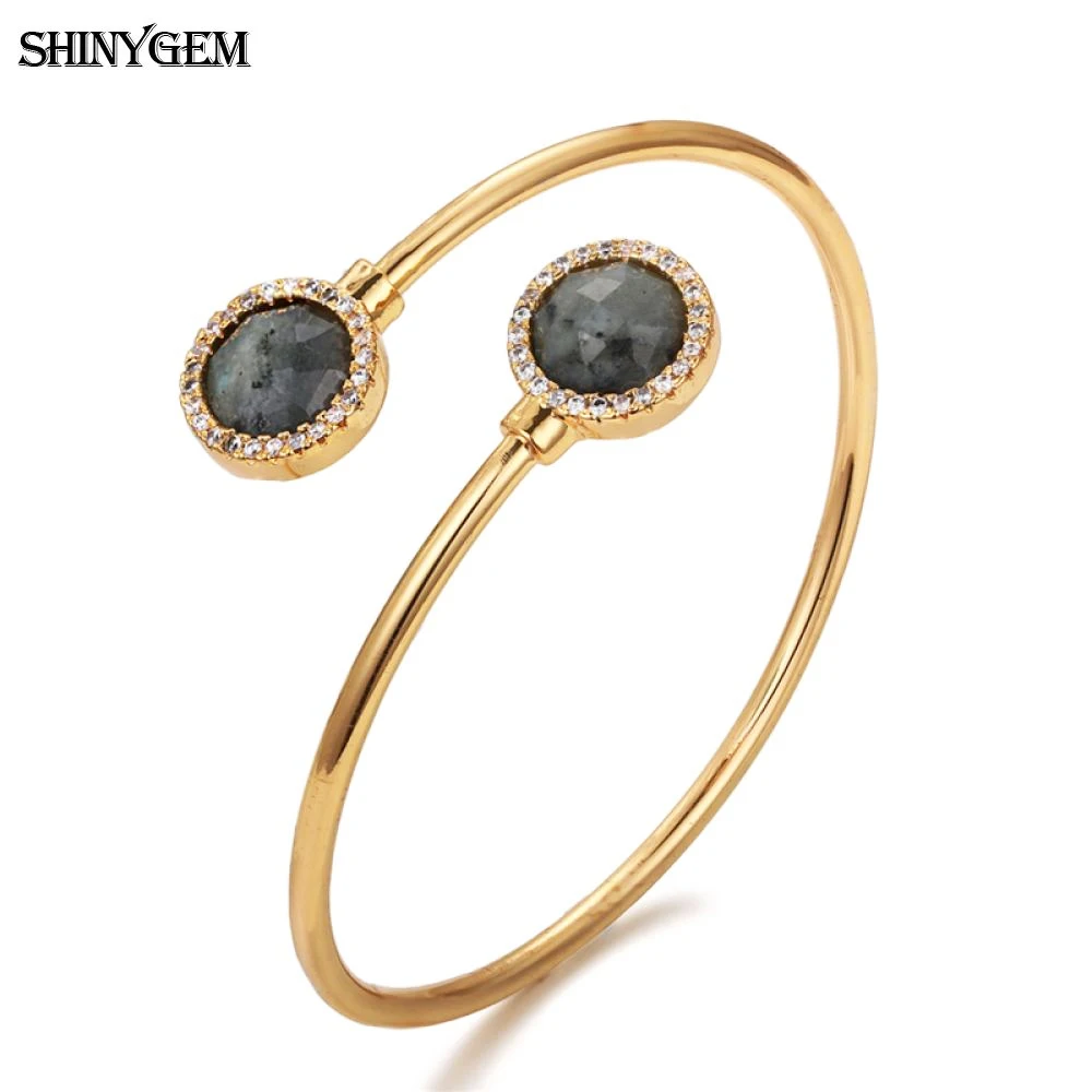 

ShinyGem Vintage Round Labradorite Stone Open Cuff Bangles Golden Adjustable Sparkling Zircon Charm Bracelets Bangles For Women