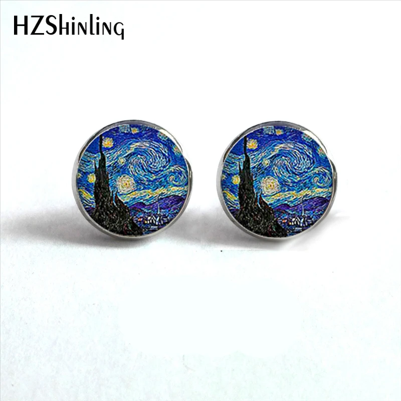 NES-001  Van Gogh Painting Stud Earrings The Starry Night Ear Studs Van Gogh Sunflowers Round Jewelry Glass Dome Earrings HZ4