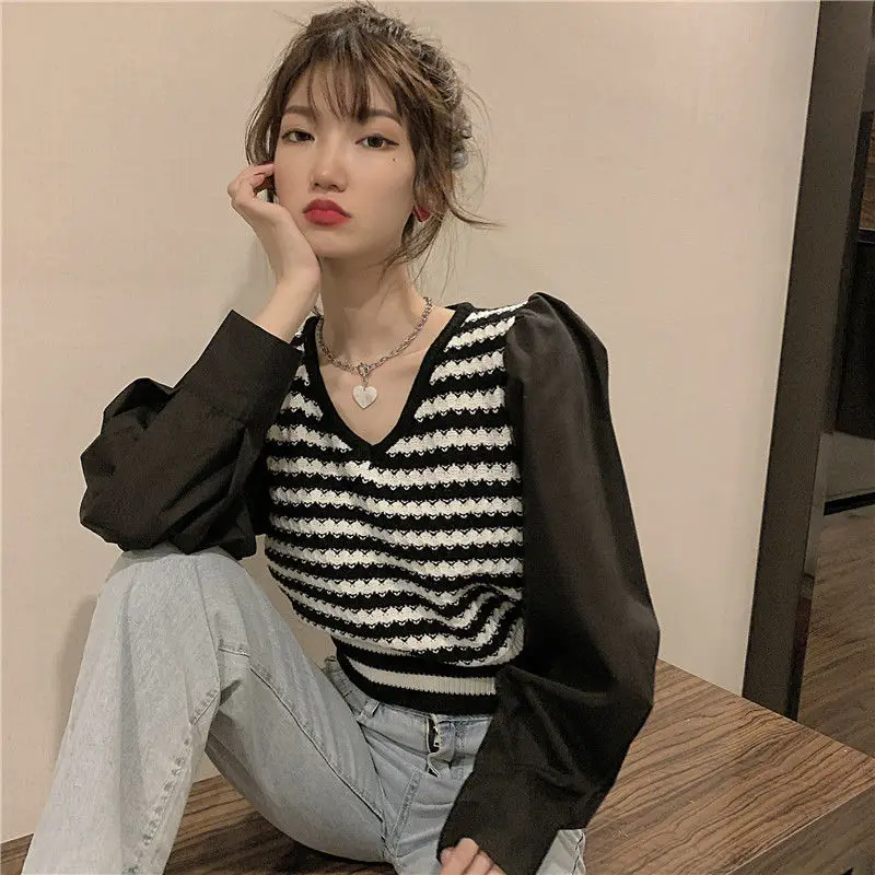 

Woman Sweaters Pull Hiver Puff Sleeve Sweater Coat Autumn Retro Loose Top for Women Femme Chandails