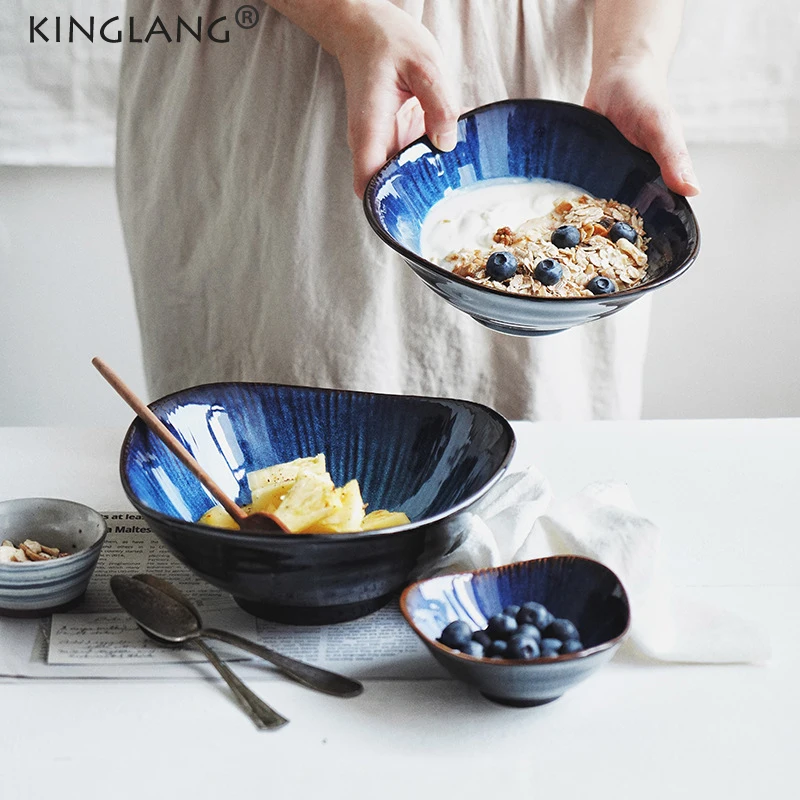 KINGLANG 1Pcs  New Klin Glaze Blue Color Ceramic Tableware Wholesale Flat Plate Deep Steak Dish Breakfast Dinner Plate Big Bowl