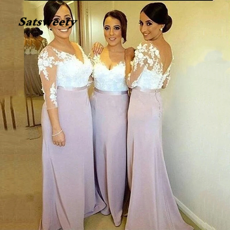 

Glamorous Lilac A Line White Lace Bodice Maid Of Honor Dresses Long With 3/4 Sleeves Bridesmaid Gowns V Neck Back Out Wholesale