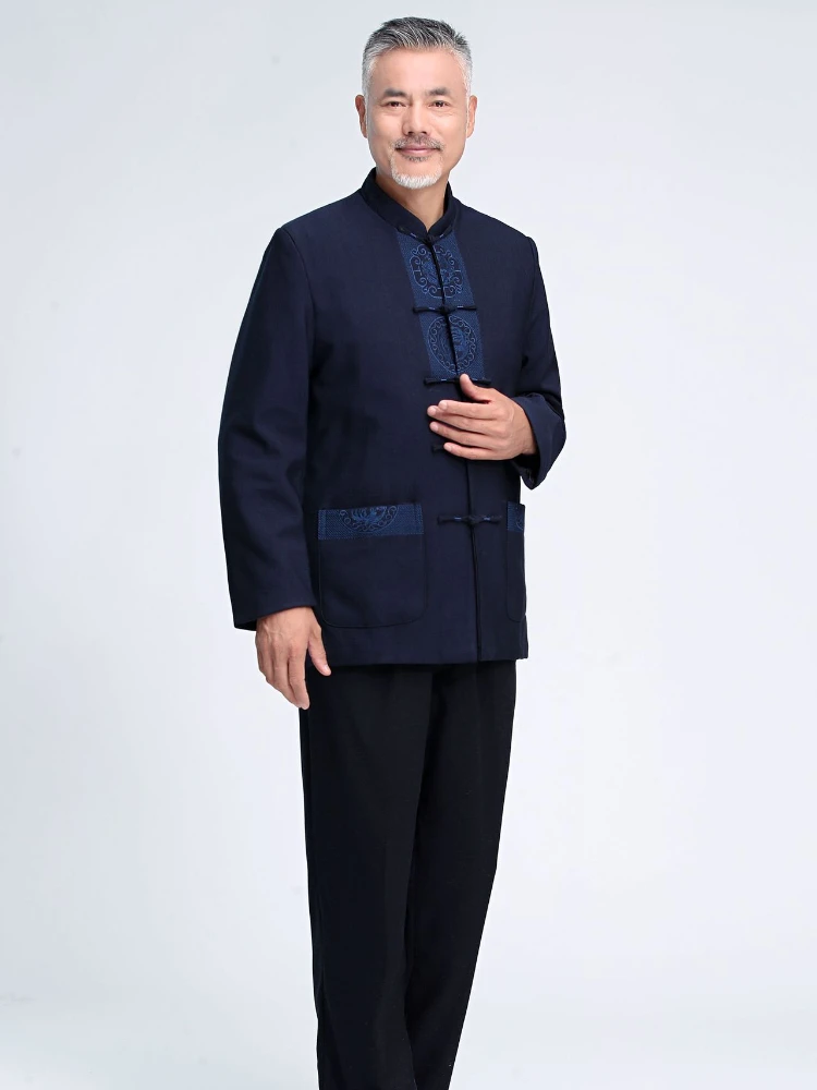 Uniforme tradicional chino de estilo Kung Fu Tai Chi, blusa Hanfu bordada, chaqueta Vintage para hombre, traje Tang de mediana edad y ancianos