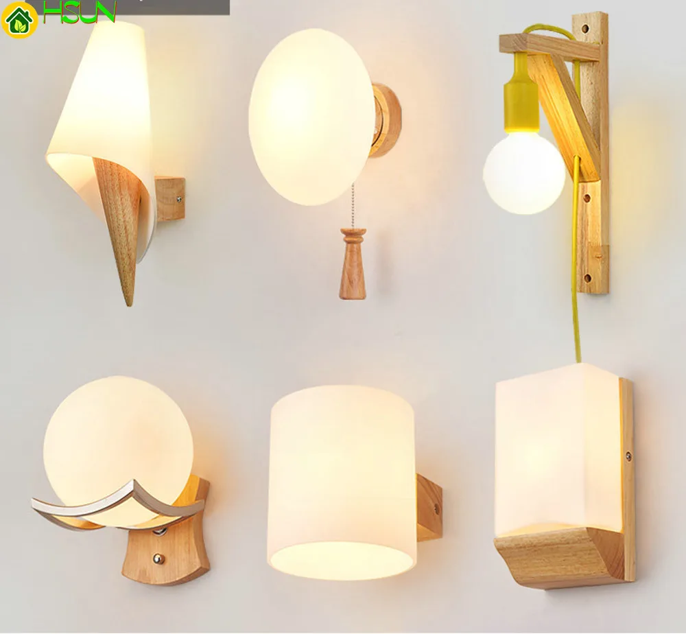 

Modern Led Indoor Wall Lamps Creative E27 Base Glass Lampshade Drawing Room Corridor Hotel Bedroom Bedside Light Wood