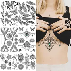 Underboob kına geçici dövmeler kadınlar kızlar için tüy kelebek DreamCatcher sahte mücevher dövme etiket göğüs kol dövmeler Tribal