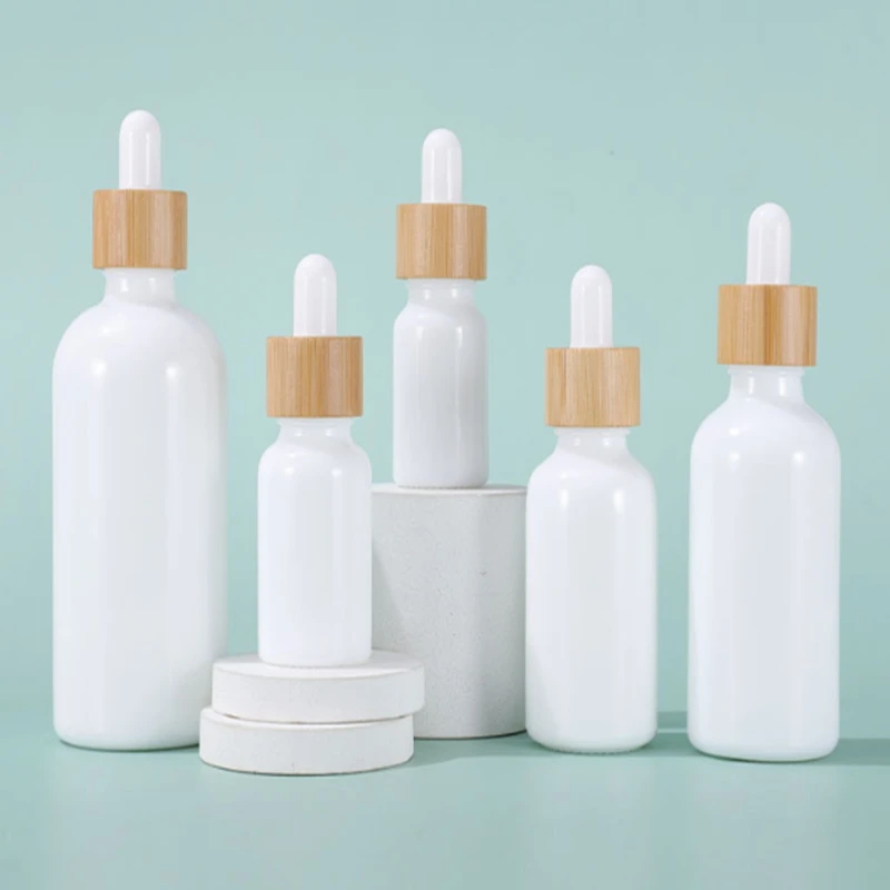 10ml 15ml 30ml 50ml 100ml Opal White Glass Bottle with Bamboo Dropper Empty Essential Oil Bottles