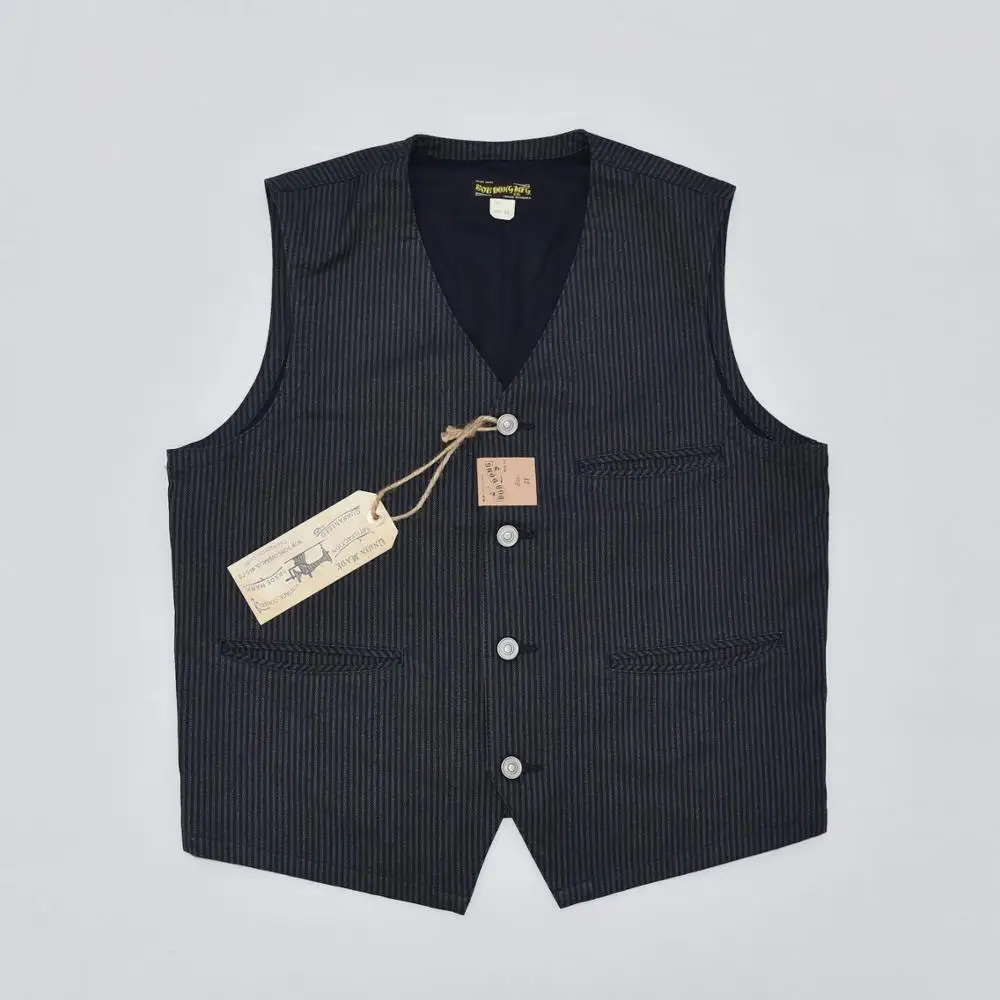 BOB DONG Vintage Striped Work Vest Men's Retro Suit Waistcoat Cotton Buckle Back