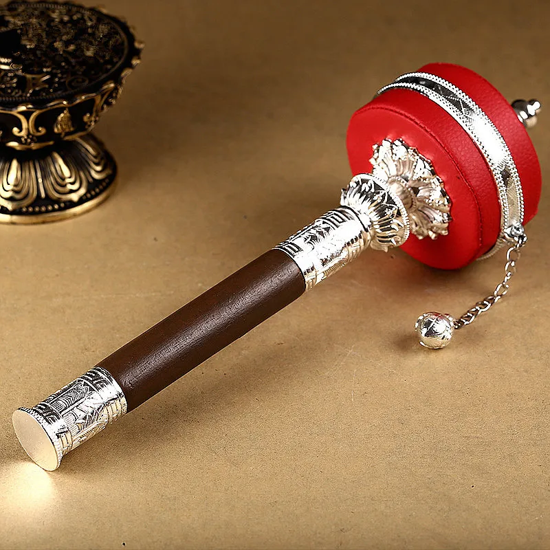 Gold/Silver Red Leather Alloy Copper Lotus Base Decorate Six Words Mantra Hand Cranking Auspicious Prayer Wheel