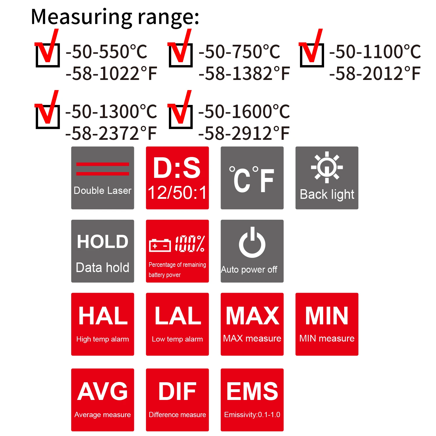 -50 ~ 1600 Graden Handheld Pyrometer Digitale Infrarood Thermometer Non-Contact Laser Lcd Display Ir Temperatuur Gun Instrumenten