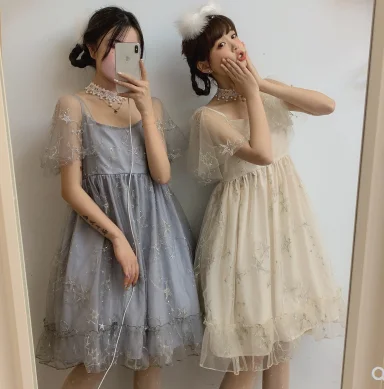 Kawaii macio menina cosplay plissado vestido bordado japonês do vintage princesa chá festa gótico op bonito vestido de cintura alta cos