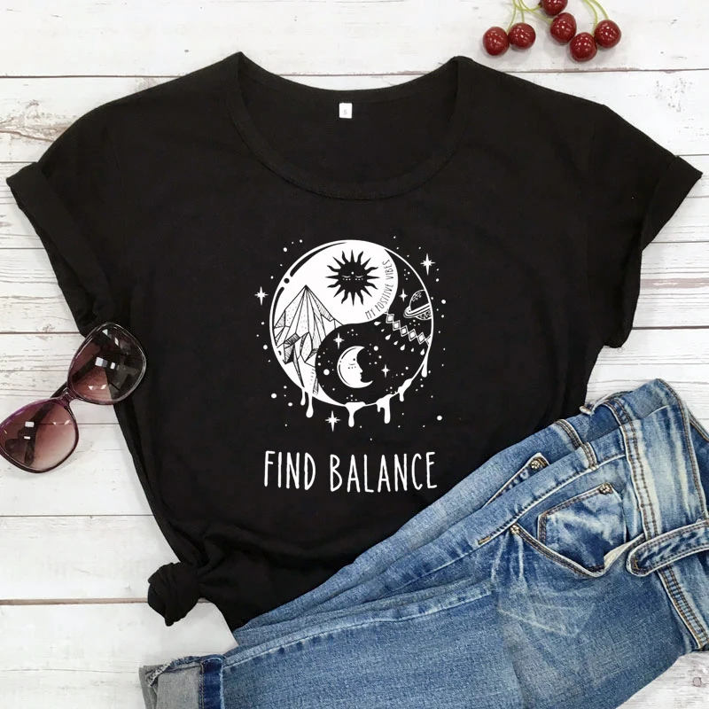 Find Balance Yin Yang T-shirt Aesthetic Women Grunge Gothic Top Tee Shirt Mystical Sun Moon Day Night Nature Tshirt