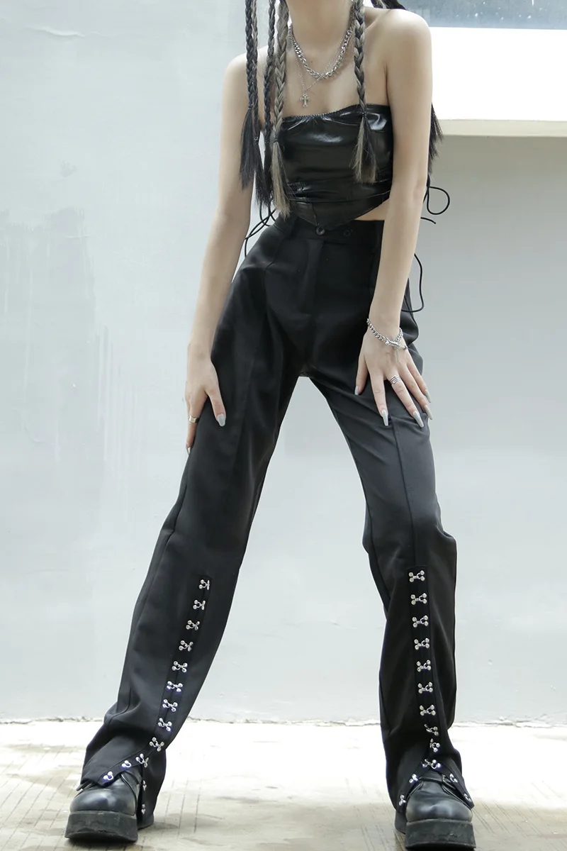 

Summer 2021 Harajuku Slim Split Fork Black Drape Casual Pants Women's High Waist Slim Straight Trousers Jazz Dance Pants Trend