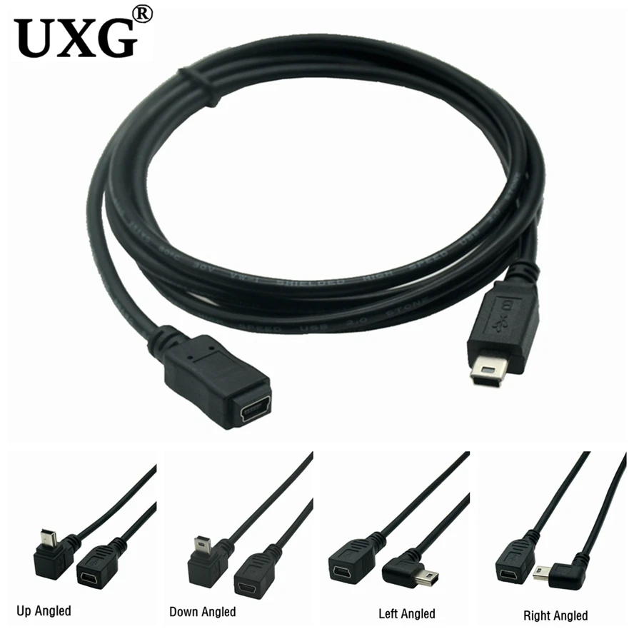 

UP Down Left Right Angled 90 Degree Black Light Cable 5Feet/1.5m Mini USB B 5pin Male To Female Extension Cable Cord Adapter