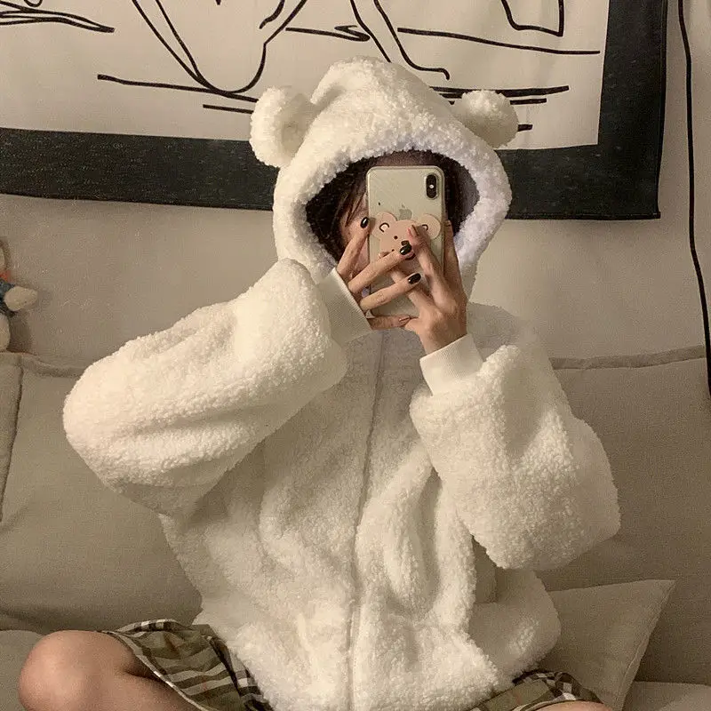 bear ear white teddy hoodie
