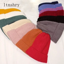 Winter Hats for Women Men Knitted Beanie Striped solid color Cap for Girls Brand Hat Female Couples Warm Ears Hats Simple style