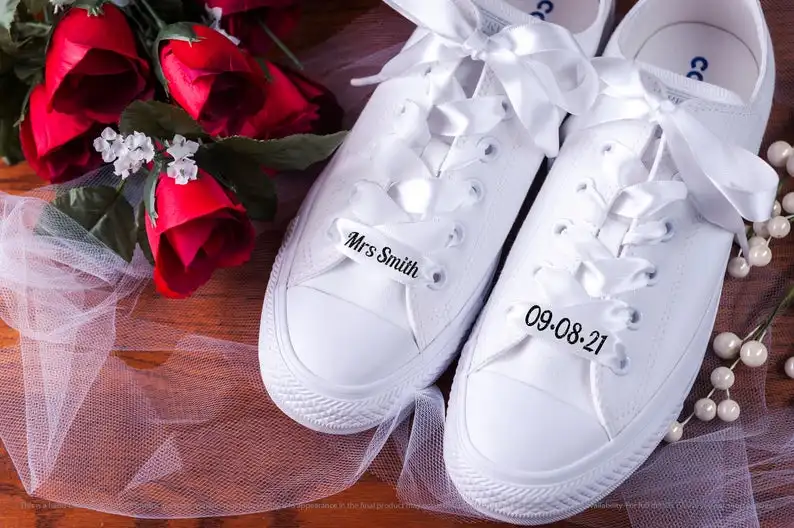 Wedding Bridal Schoenveters Aangepaste Tekst Satijnen Lint Zijde Satijn Schoenveters 2Cm Breedte Platte Lint Veters Laarzen Sneakers Schoenveters