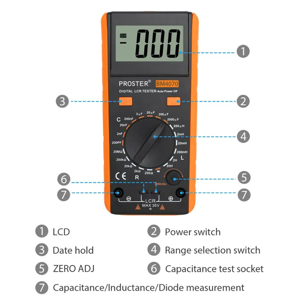 Proster LCR Meter Capacitance Inductance Resistance Digital Multimeter Measuring Meter Over Range Display with Crocodile Clips