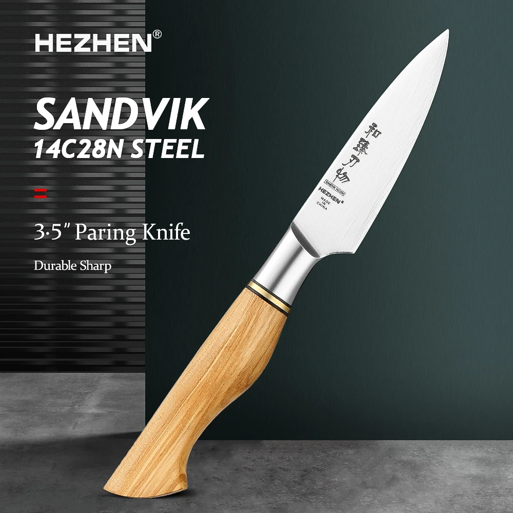 

HEZHEN Master Series 3.5 Inches Sandvik 14C28N Steel Paring Knife Kitchen Knives Olive Wood Handle Peel Fruit Potato