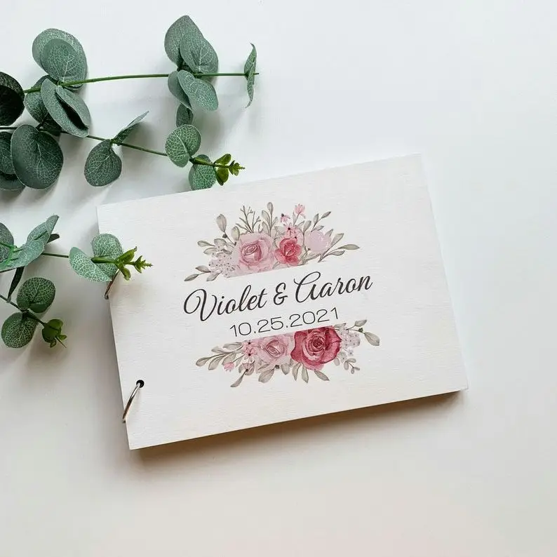 Floral Wedding Guest Book, Personalized Wooden Blush Pink Guestbook, Polaroid Instax Photo Guestbook, Shower Gift