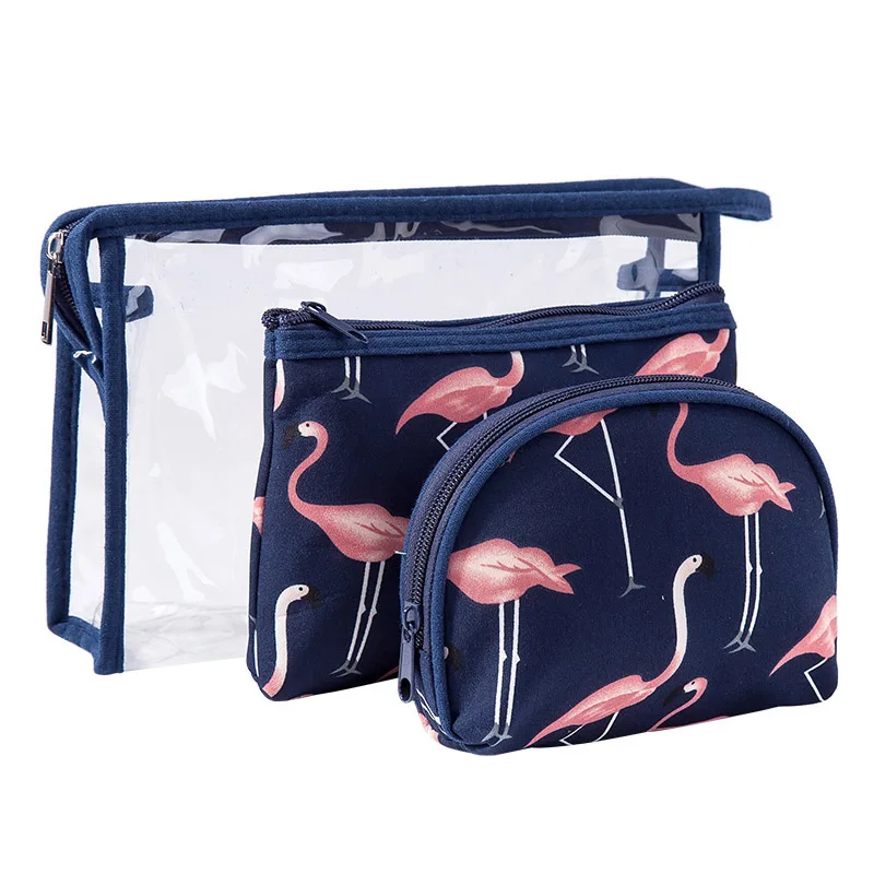 Waterproof Transparent Cosmetic Bag Set 3pcs Flamingo Prints Lady Travel PVC Storage Makeup Wash Bag