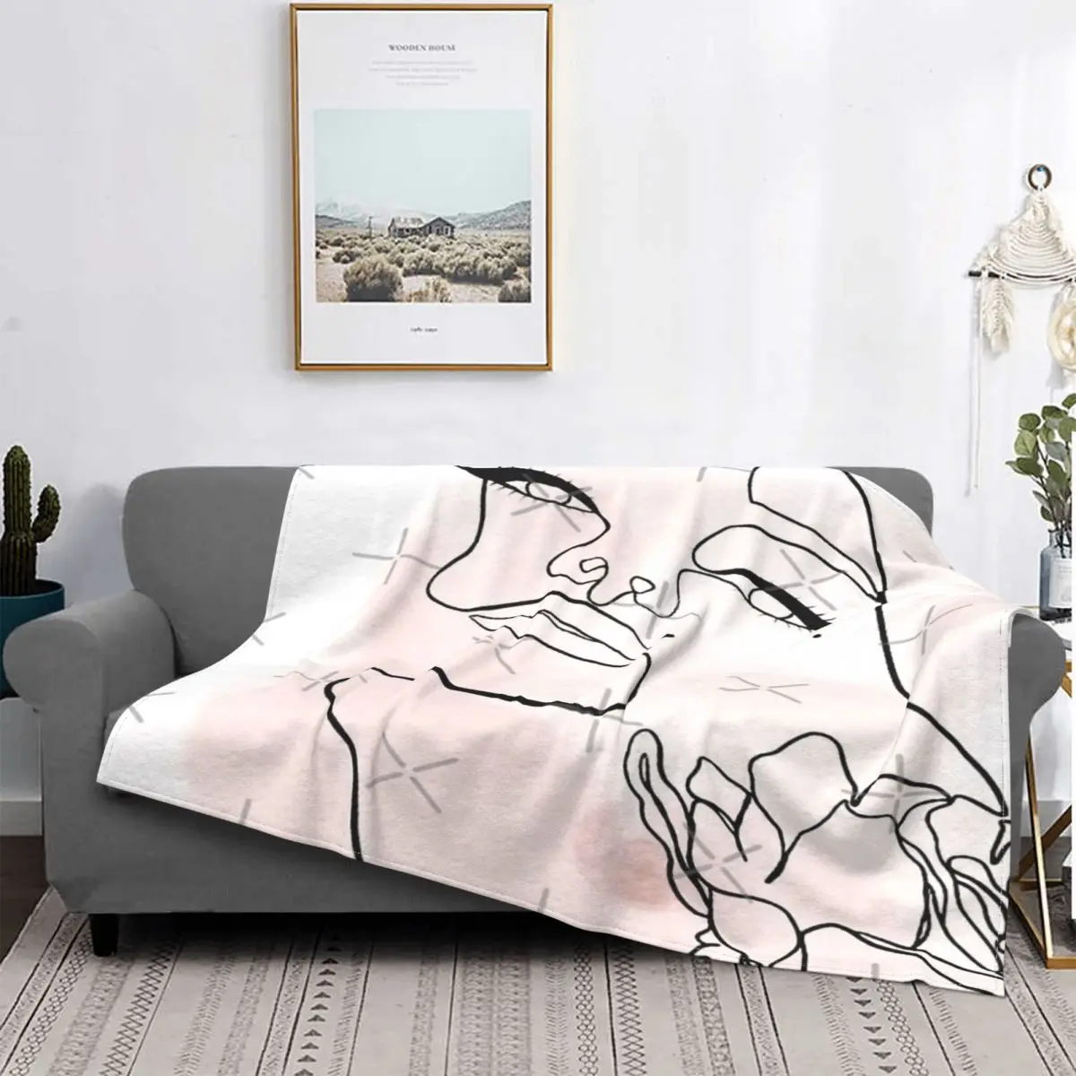 Femme-colcha artística con diseño de líneas rosas, cobertor de cama a cuadros, manta de lana 150, colchas para camas