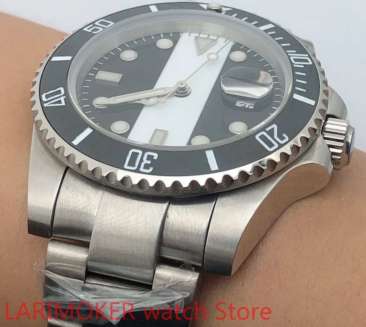 الفولاذ المقاوم للصدأ حزام سوار الياقوت الزجاج الأسود الأبيض الهاتفي الأسود الحافة التلقائي لف مقاوم للماء 100 م ساعة رجالي