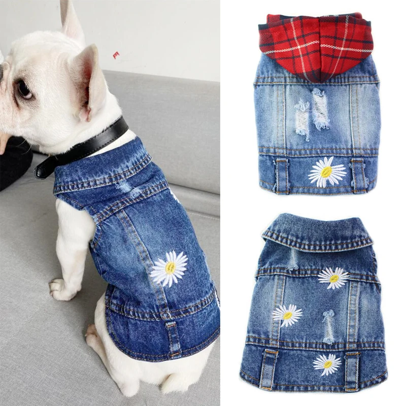 

XS-XXL Denim Dog Costume Spring Cowboy French Bulldog Vest Sweet Daisy Shirt Jeans Jacket Clothing for Dogs Chihuahua Yorkies