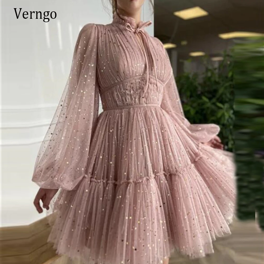 Verngo Pastel Pink Starry Tulle Short Prom Dresses Long Sleeves High Neck Formal Party Gowns Glitter Homecoming Dress Customized