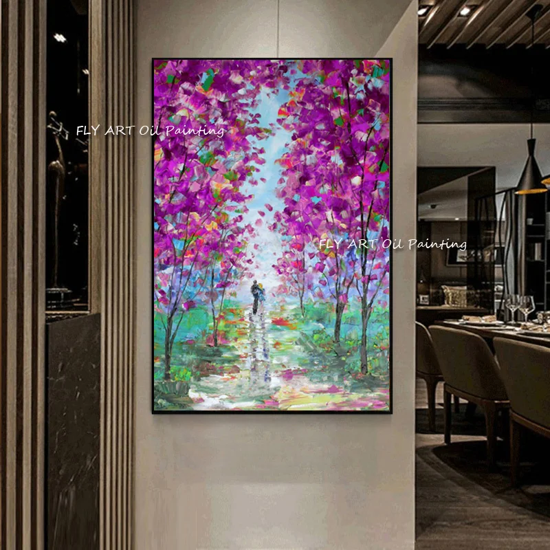 Modern Purple Abstract Canvas Art Wall Hanging Artwork 100% Handmade Large Size Tree Forest Oil Painting For Hotel Wall Decor