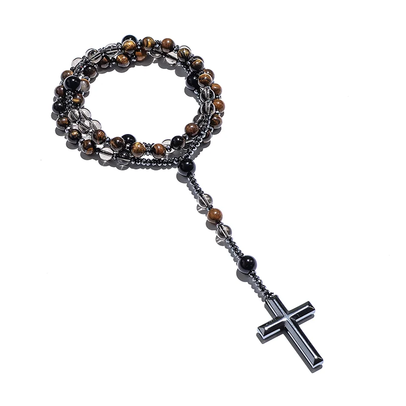 Natural Tiger Eye Smoke Quartz Beaded Catholic Christian Rosary Necklace Cross Pendant Men and Women Meditation Mala Jewelry