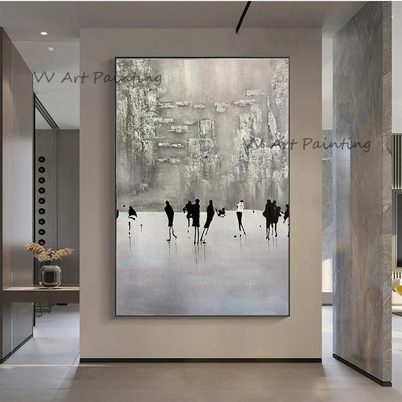 Hand Painted City Silhouette Canvas Wall Art, Handmade Grey Urban Figure Painting, Frameless Abstract Picture for Entryway Decor